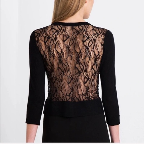 Kinross Cashmere Sweaters - Kinross 100% Cashmere Cropped Lace Cardigan, Large, Black, NWT